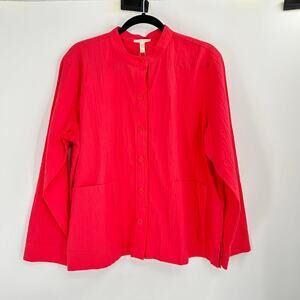 Eileen Fisher Watermelon Mandarin Collar Organic Cotton Pucker Jacket Size L NEW
